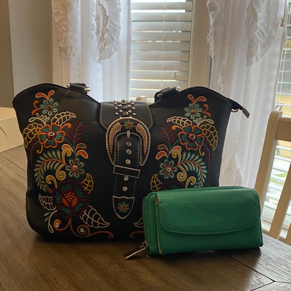 Mountana West Floral Embroidered Black Shoulder Bag with Green Wallet